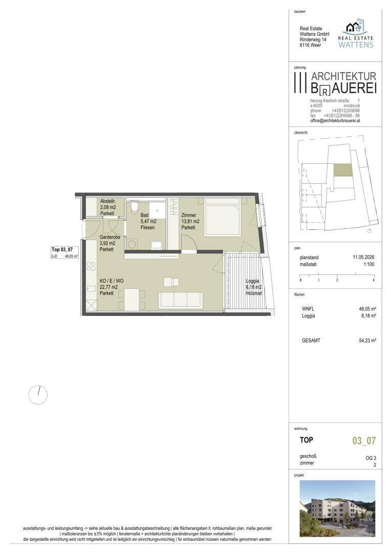 Detaillierter Grundriss einer Wohnung mit Loggia, Schlafzimmer und offenem Wohnbereich.