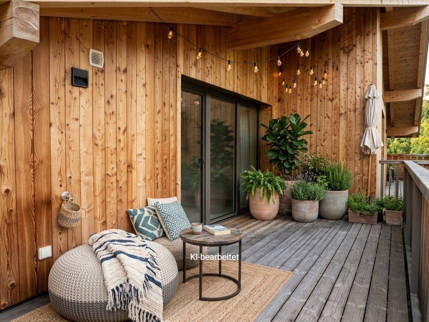 Gemütlicher Balkon mit Holzverkleidung, Sitzgelegenheiten und Pflanzen.