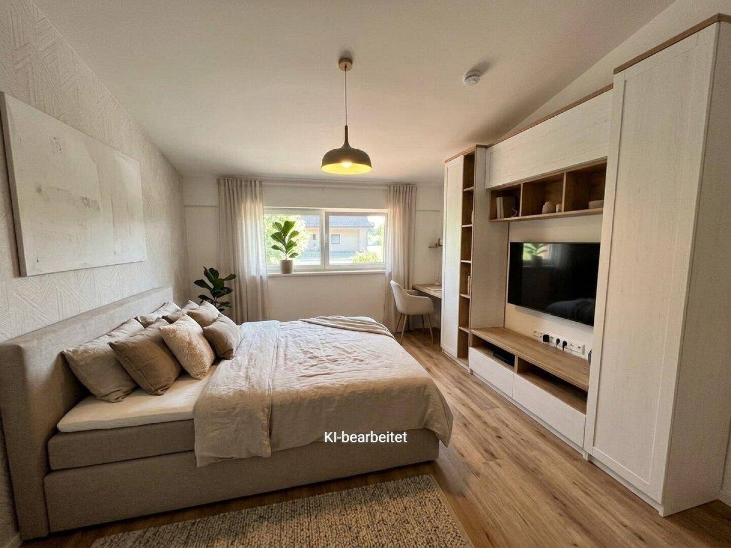 Gemütliches Schlafzimmer mit Doppelbett, Holzboden und integriertem Medienschrank.