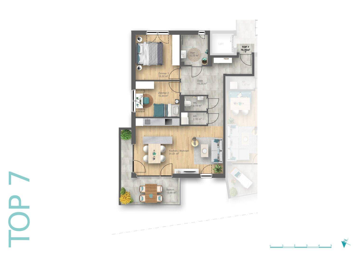 Möblierter Grundriss der Wohnung Top 7 mit Balkon und offenem Wohnbereich.