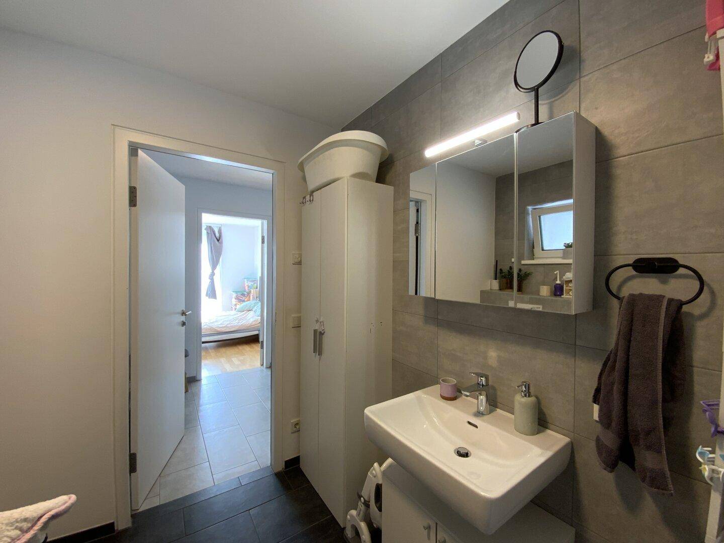 Modernes Badezimmer mit grauen Fliesen, Waschbecken und Spiegelschrank.