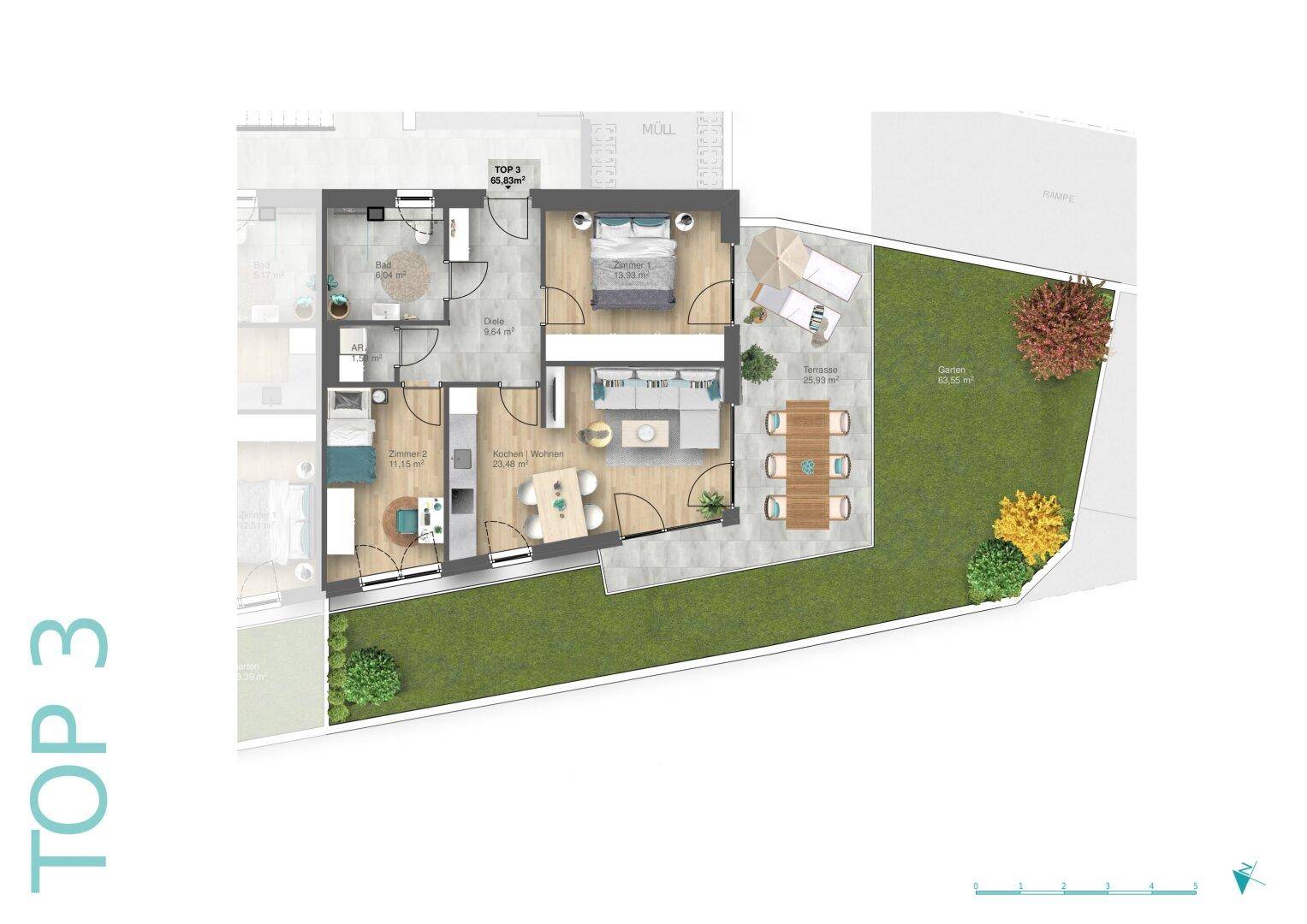 Detaillierter Grundriss einer 3-Zimmer-Wohnung mit Terrasse und Garten.