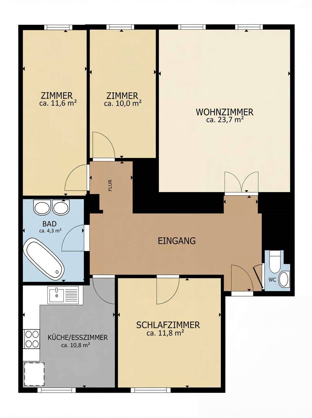 Grundriss einer Wohnung mit vier Zimmern, separater Küche und zwei Bädern.