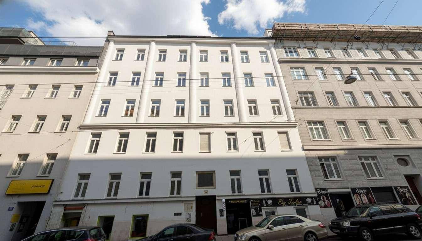 Klassische Fassade eines Mehrfamilienhauses in städtischer Umgebung mit vielen Fenstern.