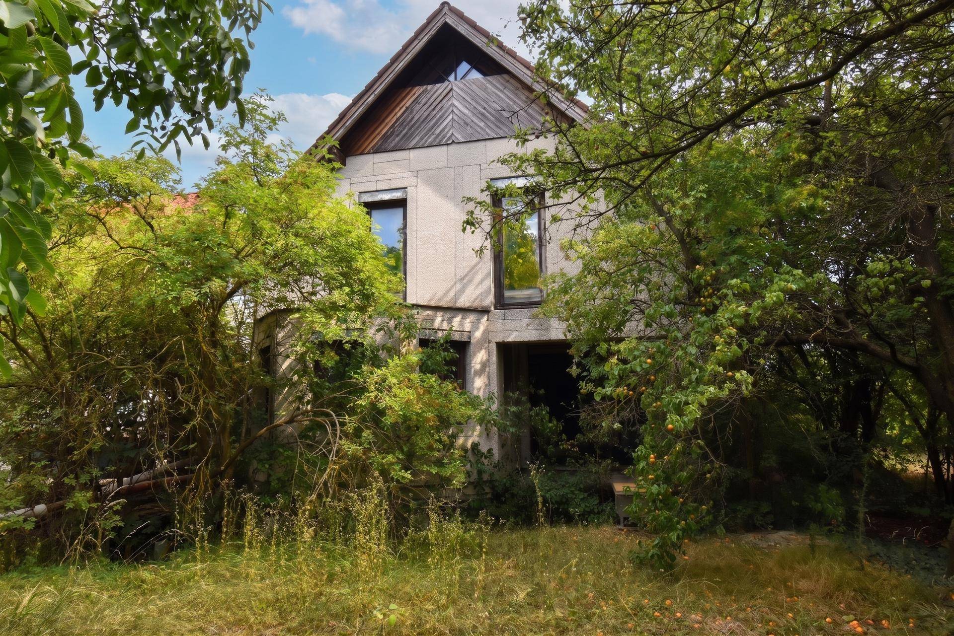 Rückansicht des Hauses, teilweise von Bäumen und Sträuchern verdeckt, mit Dachschrägen.