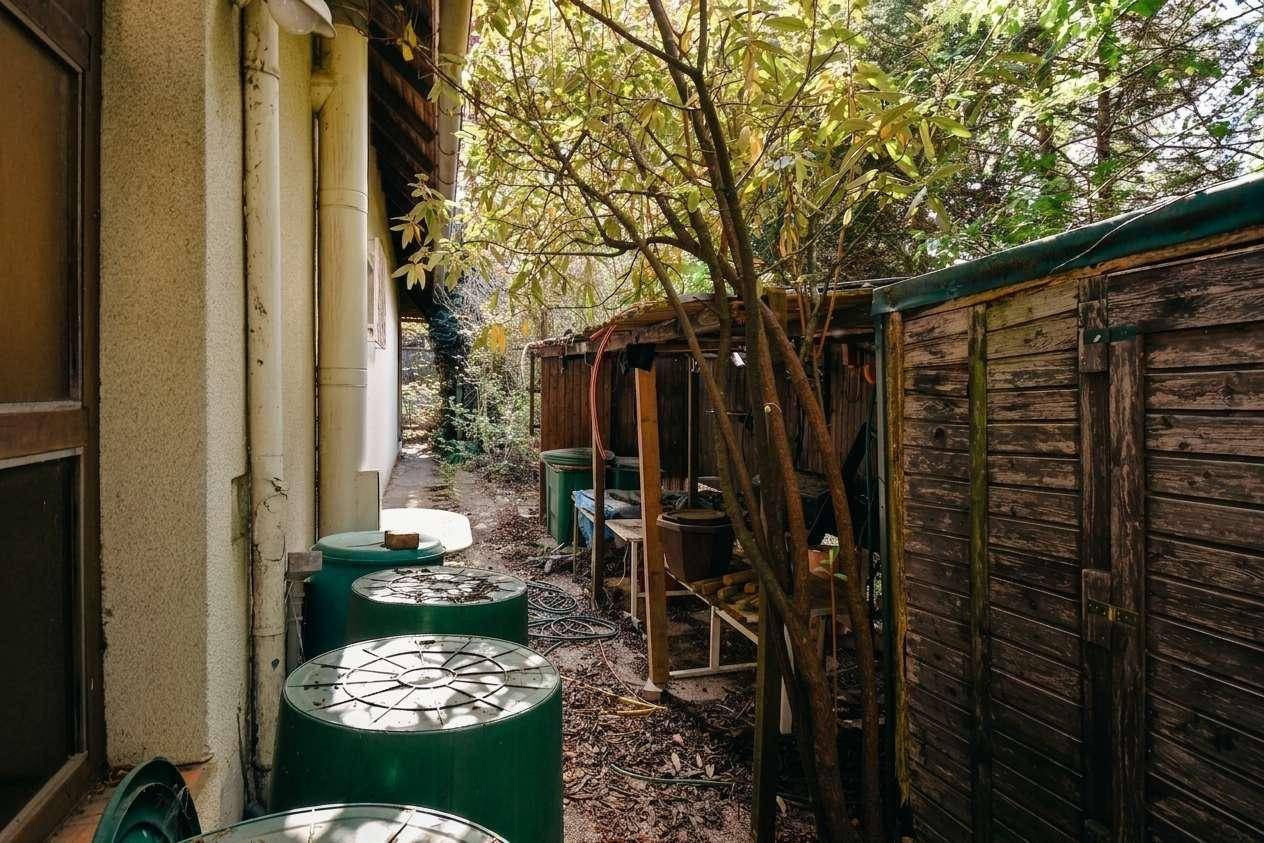 Schmaler Weg entlang der Hausseite mit Regentonnen und einem Holzschuppen im dichten Grün.
