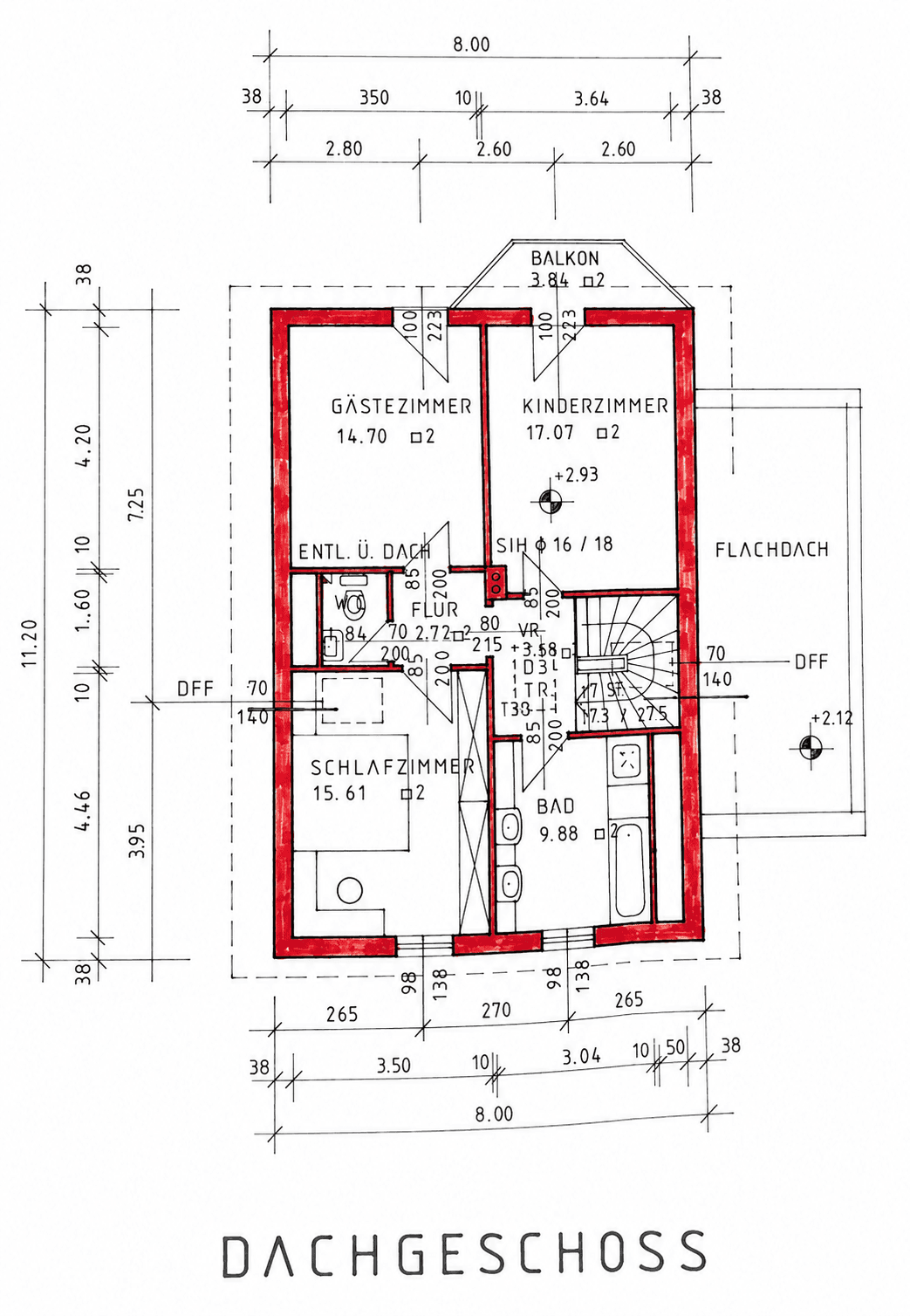 Grundriss des Dachgeschosses mit Schlafzimmer, Kinderzimmer, Gästezimmer und Bad mit Balkon.