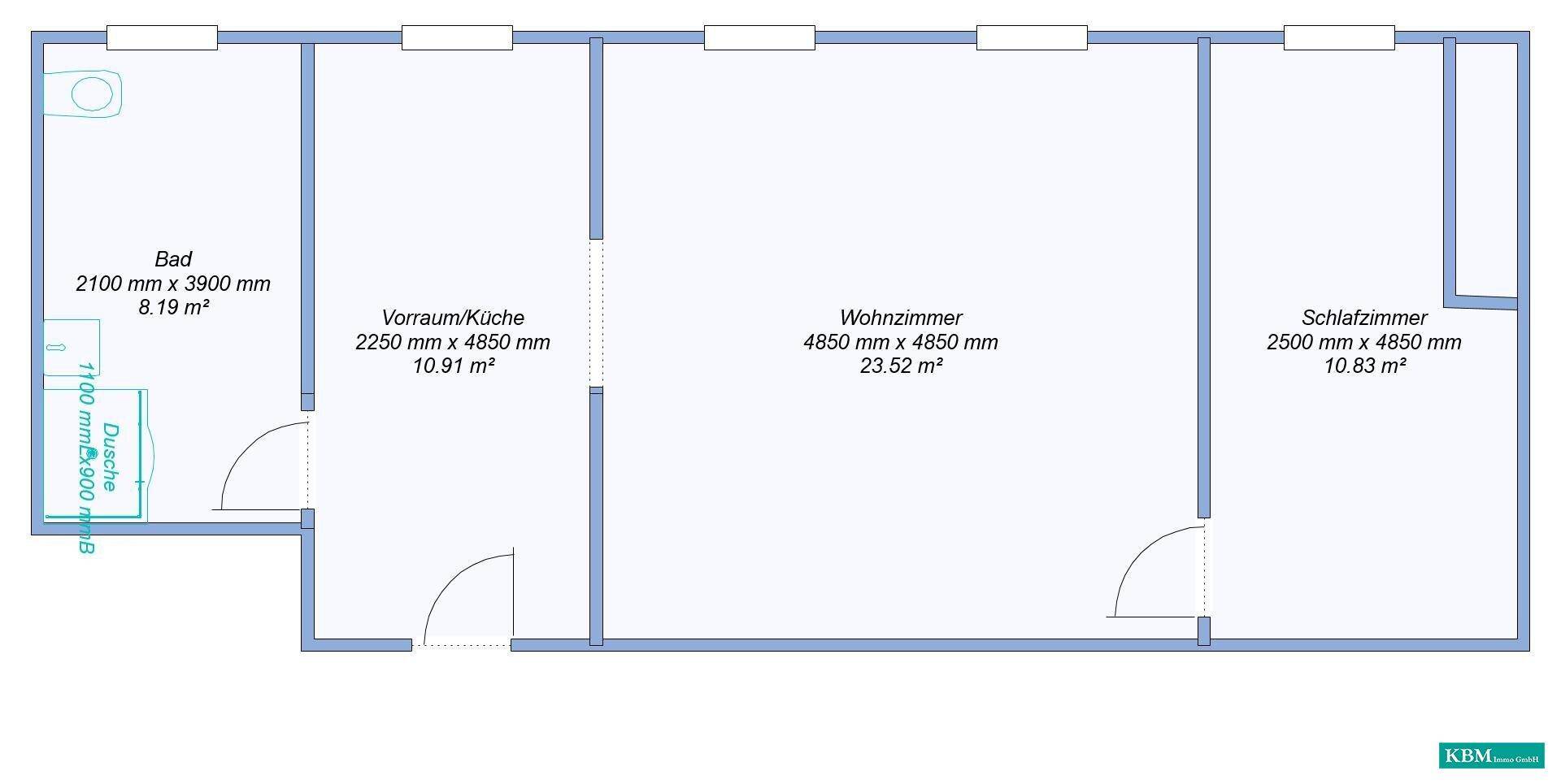 Grundriss einer Wohnung mit Bad, Vorraum/Küche, Wohnzimmer und Schlafzimmer, übersichtlich dargestellt.