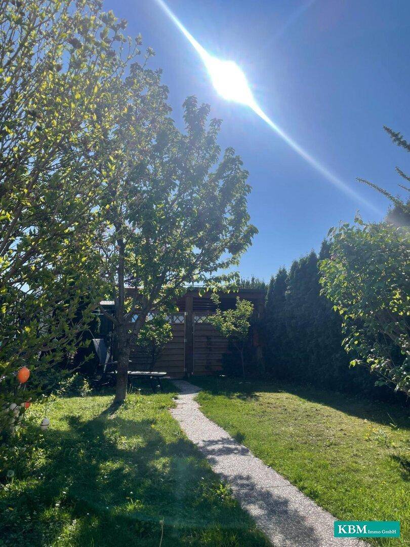 Sonnige Gartenanlage mit Rasenfläche, Bäumen und einem gepflasterten Weg.