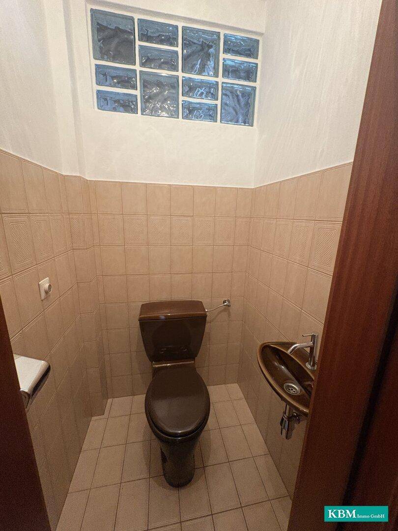 Gäste-WC mit brauner Toilette, kleinem Waschbecken und Fliesen an Wänden und Boden.