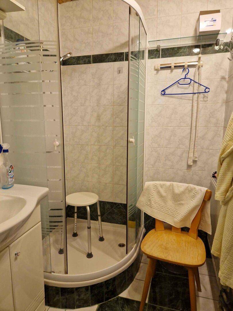 Kleines Badezimmer mit Duschkabine, Waschbecken und grünen Akzentfliesen.