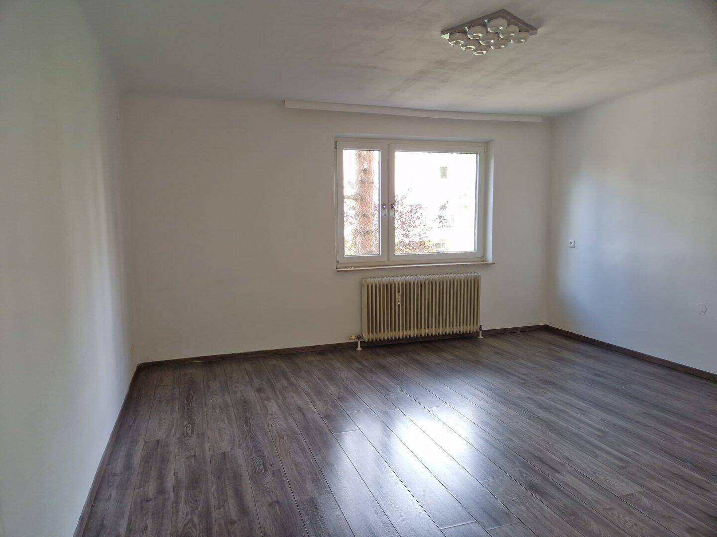 Heller, leerer Raum mit Laminatboden und einem großen Fenster, das viel Licht spendet.