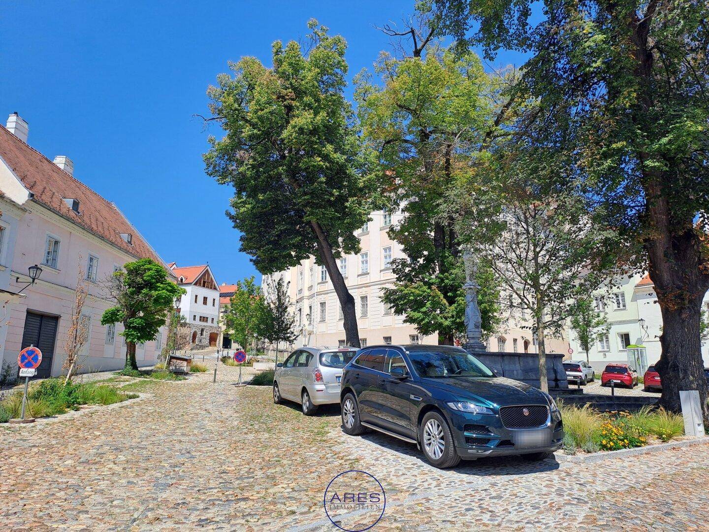 Sonniger Platz mit Kopfsteinpflaster, parkenden Autos und hohen Bäumen in einer historischen Umgebung.