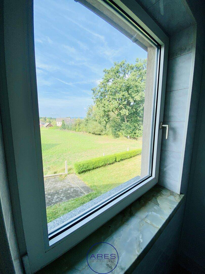 Ausblick aus einem Fenster auf eine grüne Landschaft mit Bäumen und einer Hecke.