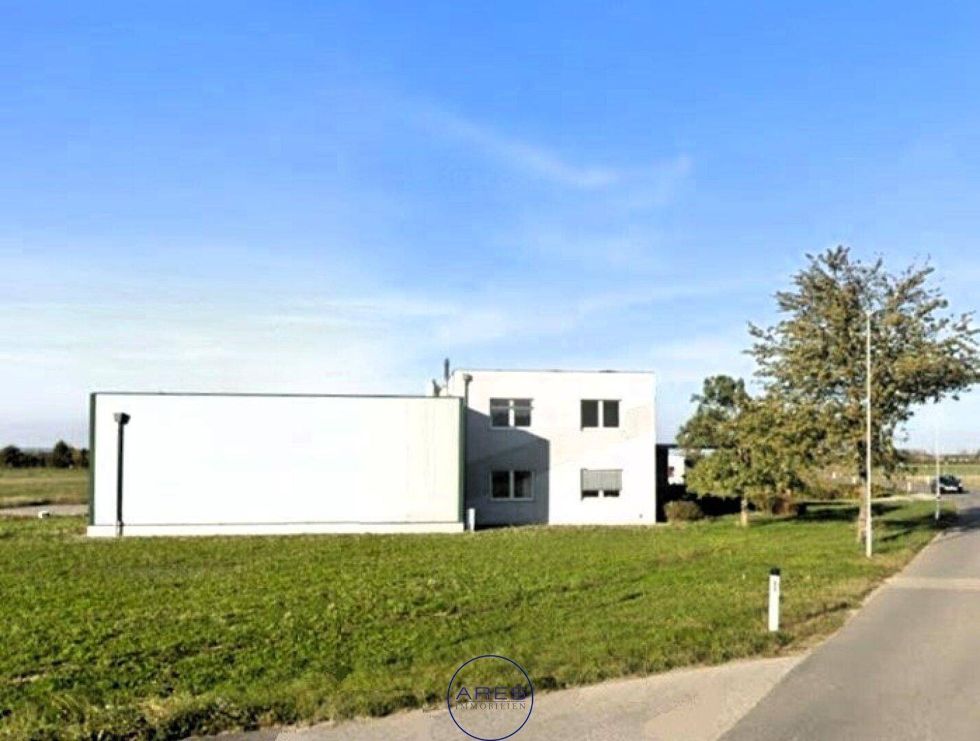 Rückansicht eines modernen Geschäftsgebäudes mit großen Rasenflächen und Bäumen in der Umgebung.