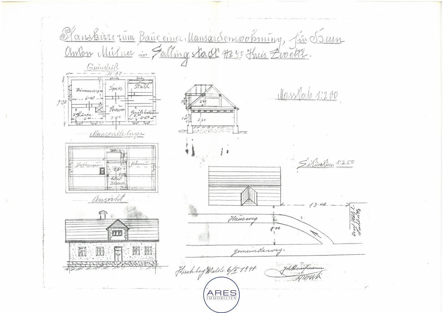 Handgezeichneter Grundriss mit verschiedenen Ansichten und Maßstäben des Gebäudes.