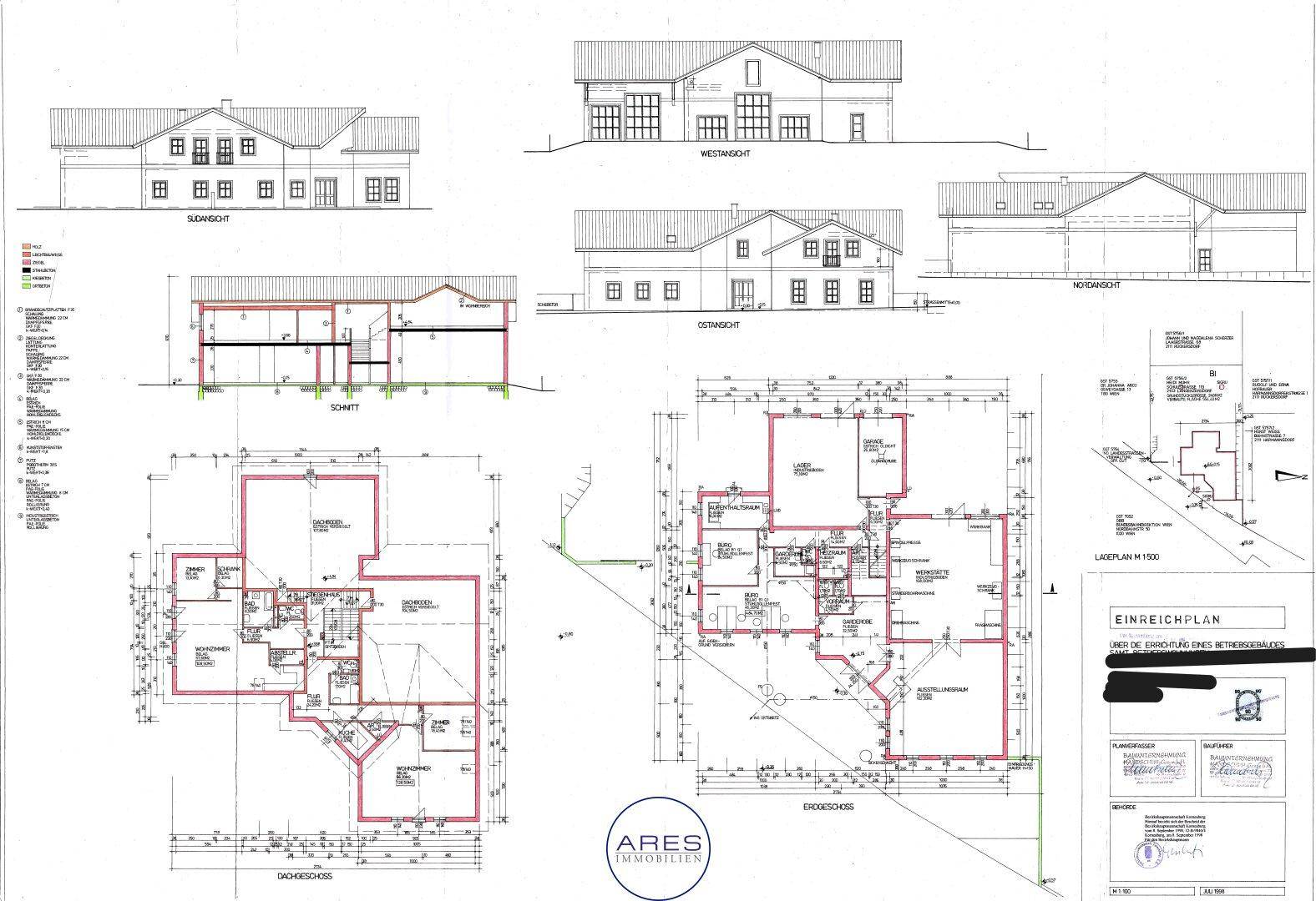 Architektonische Pläne des Gebäudes mit Grundrissen und Ansichten von verschiedenen Seiten.