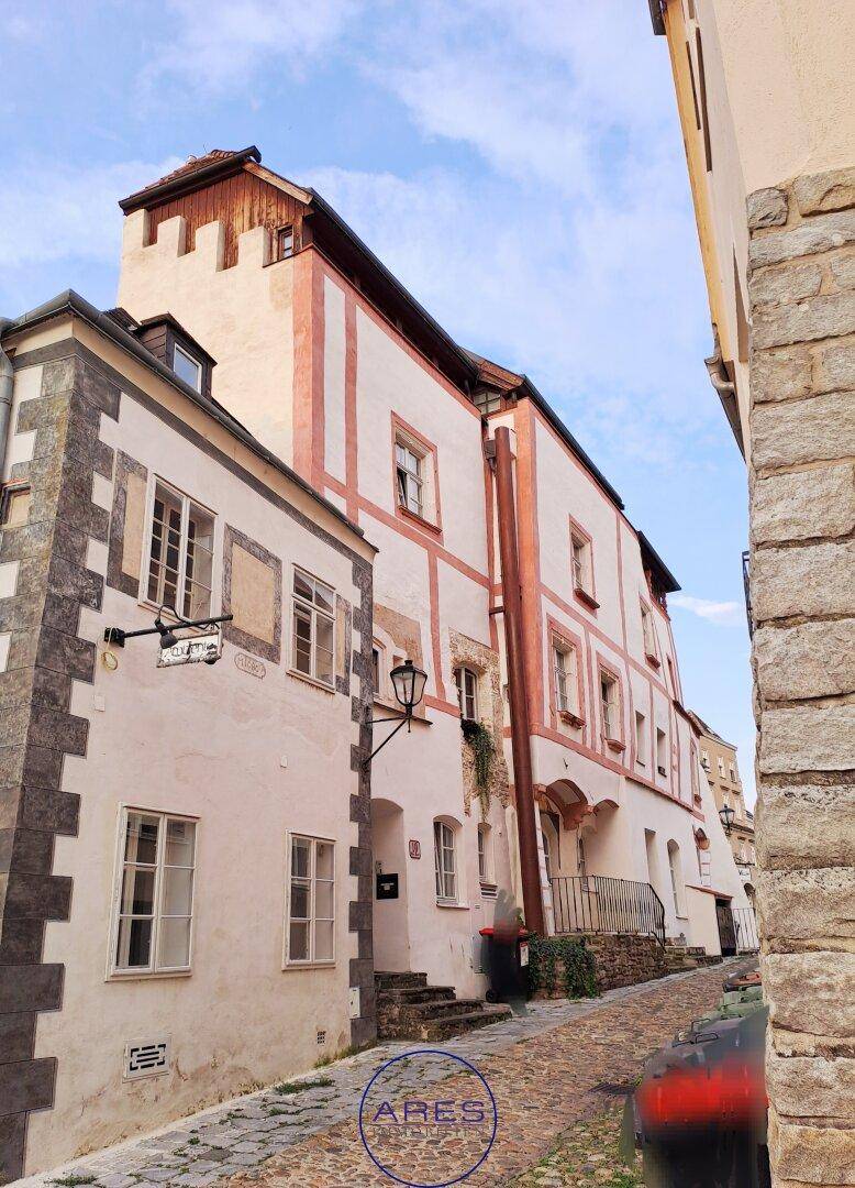 Historische Gebäude entlang einer engen Kopfsteinpflastergasse mit traditioneller Architektur und Fassaden.