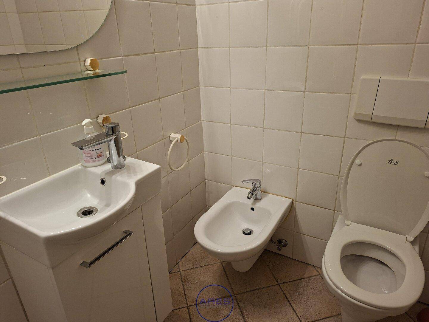 Kleines Badezimmer mit WC, Bidet und Waschbecken, komplett gefliest in Weiß.