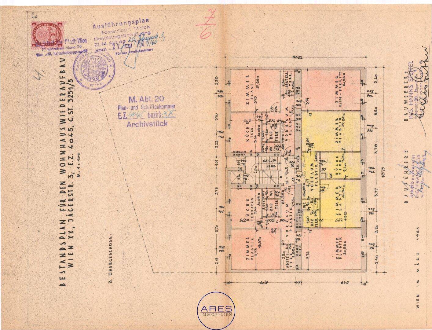 Historischer Grundrissplan des Obergeschosses mit Raumaufteilung und Maßen.
