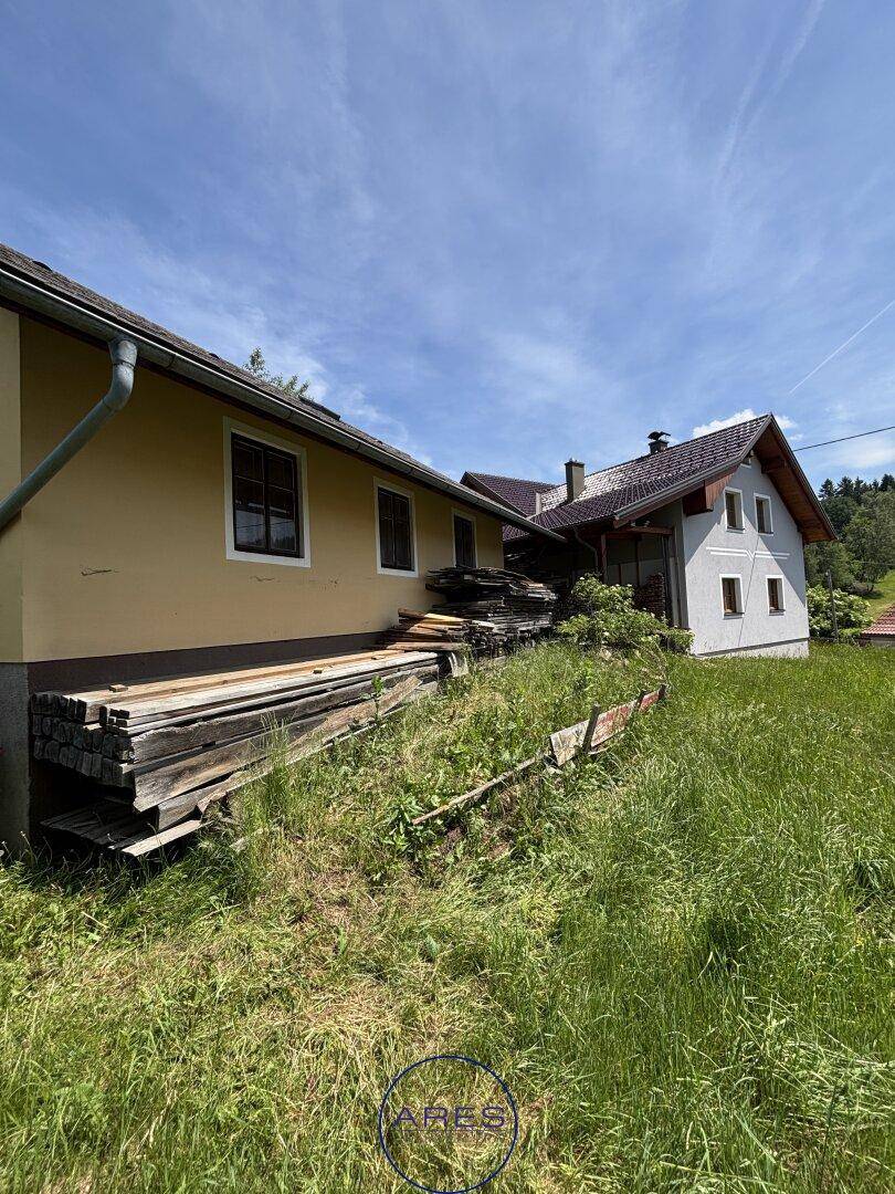 Seitenansicht des Hauses mit Holzstapeln und Blick auf ein weiteres Gebäude im Hintergrund.
