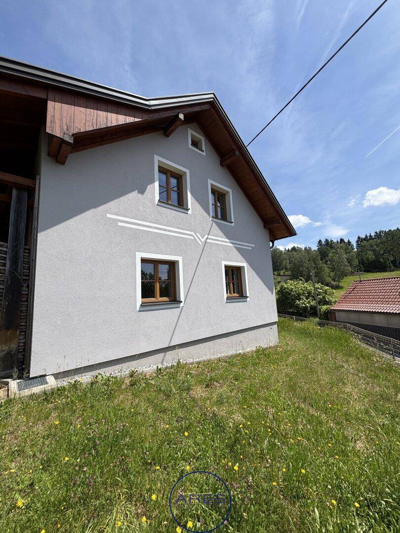 Seitenfassade des Hauses mit dekorativen weißen Linien und braunen Holzfenstern.
