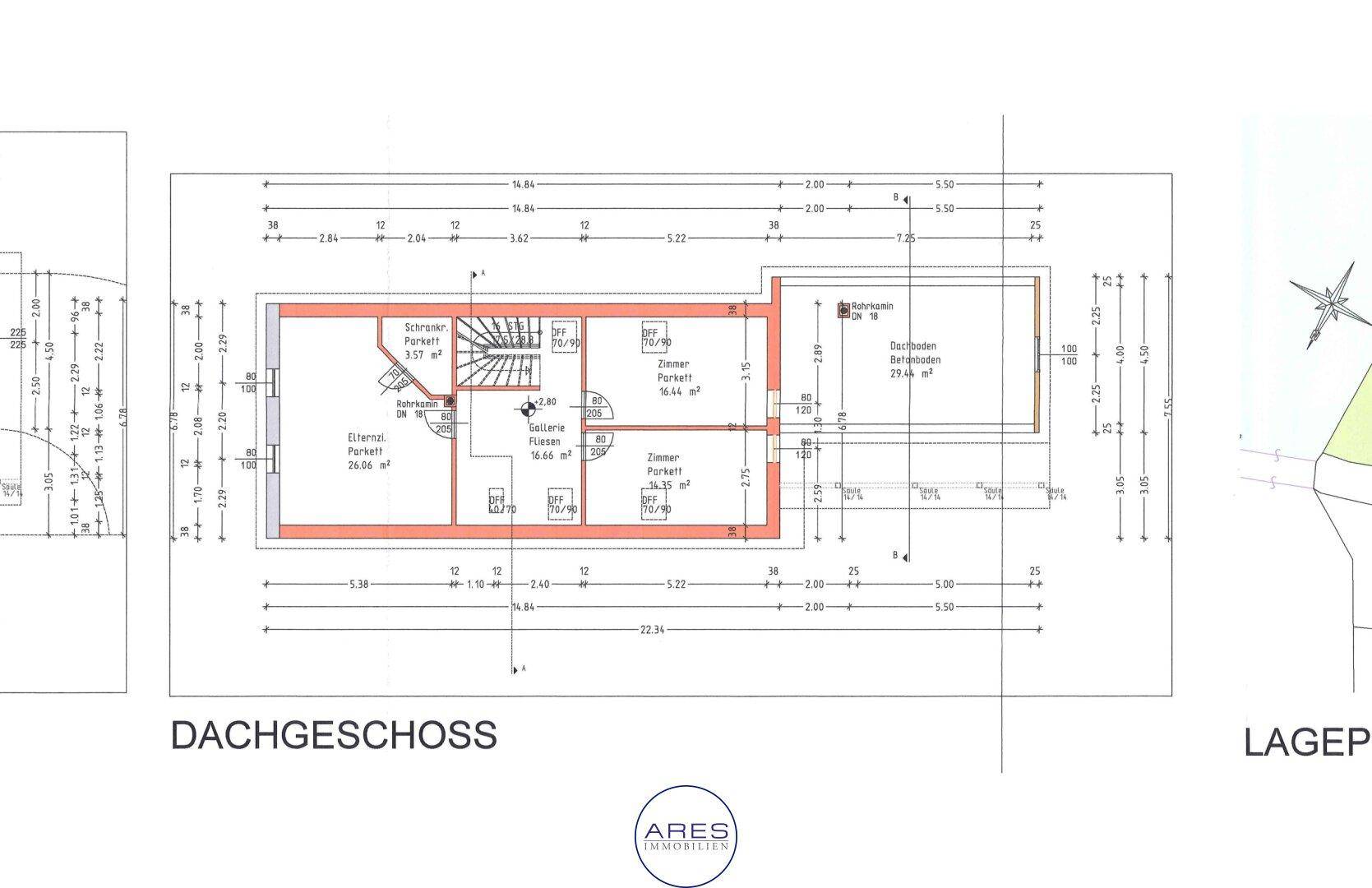 Grundriss des Dachgeschosses mit Schlafzimmern, Bad und Dachschrägen.