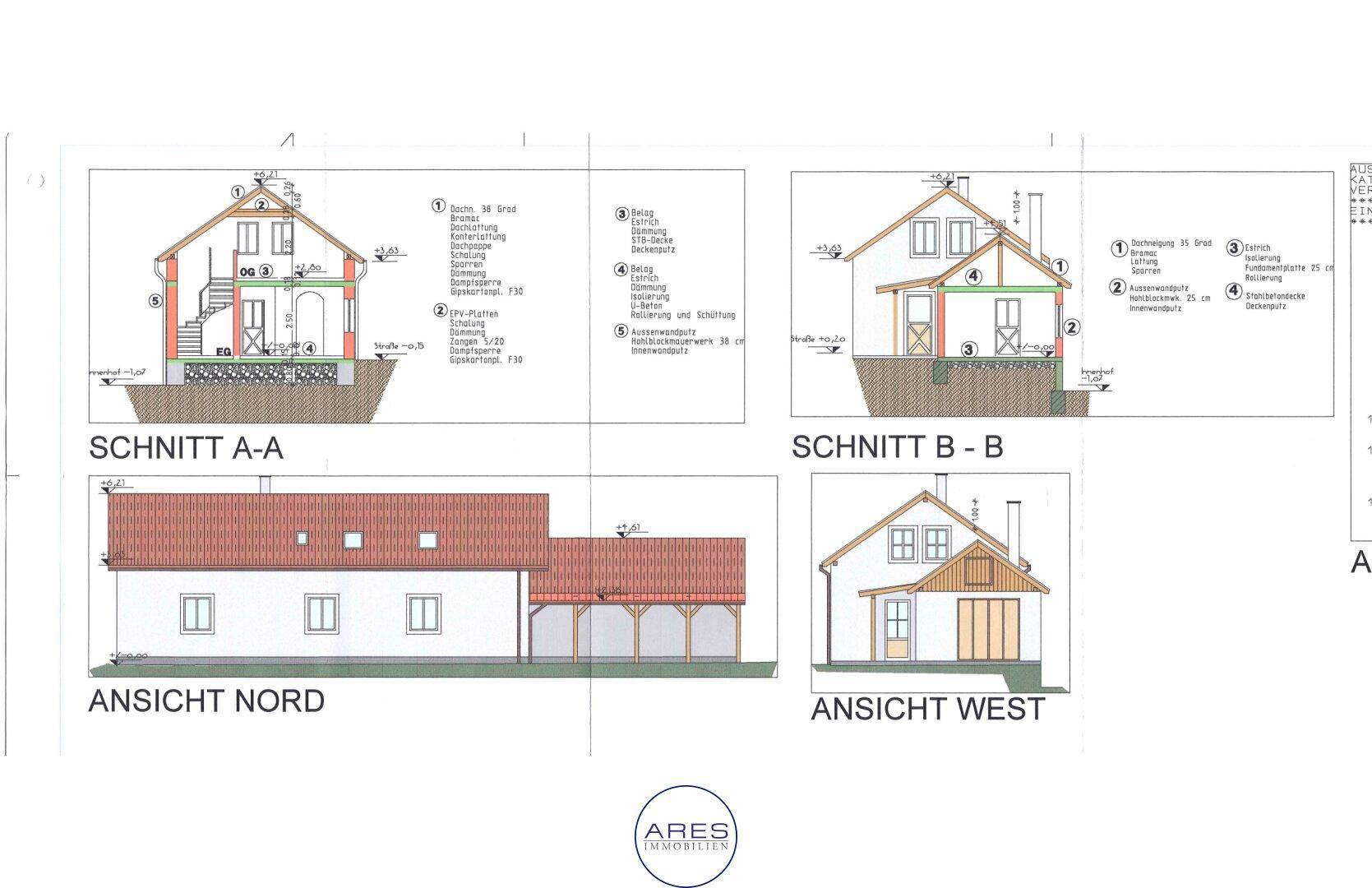 Architektonische Schnitte und Ansichten des Hauses mit verschiedenen Perspektiven.