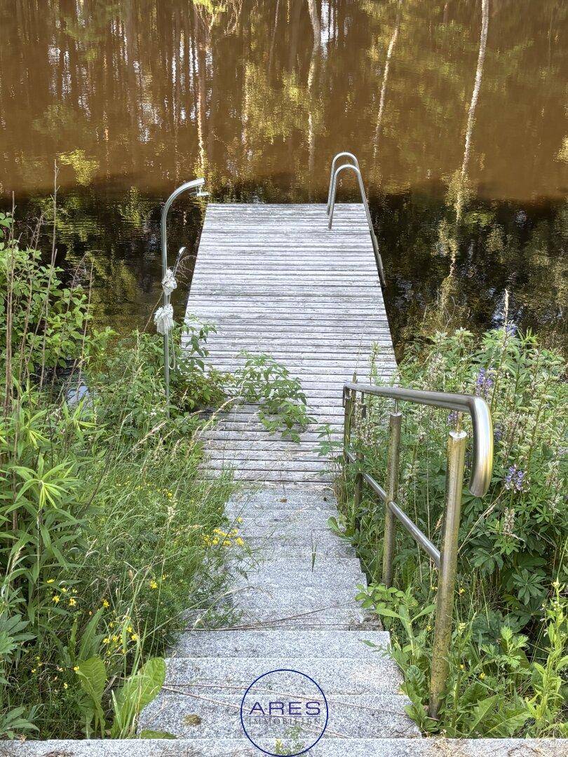 Steinstufen führen hinunter zu einem Holzsteg am Teich, umgeben von wilder Vegetation.