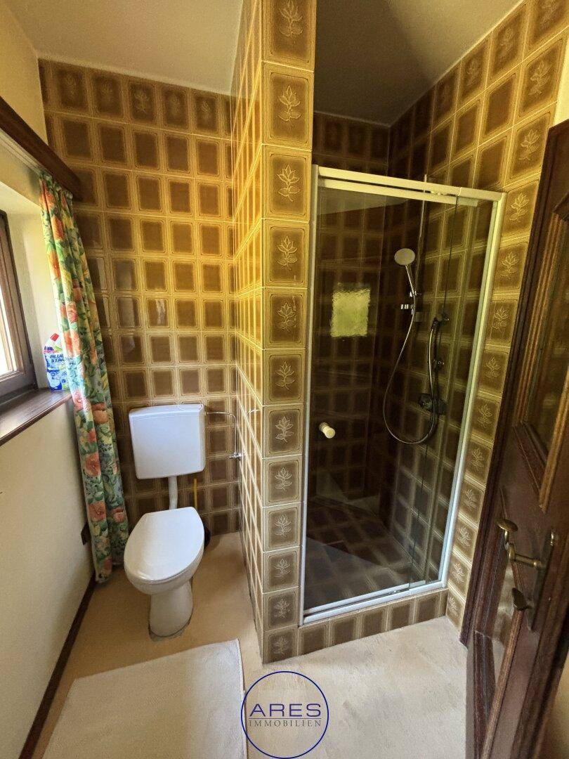 Badezimmer mit braunen Fliesen, Toilette und Duschkabine im 80er-Jahre-Stil.