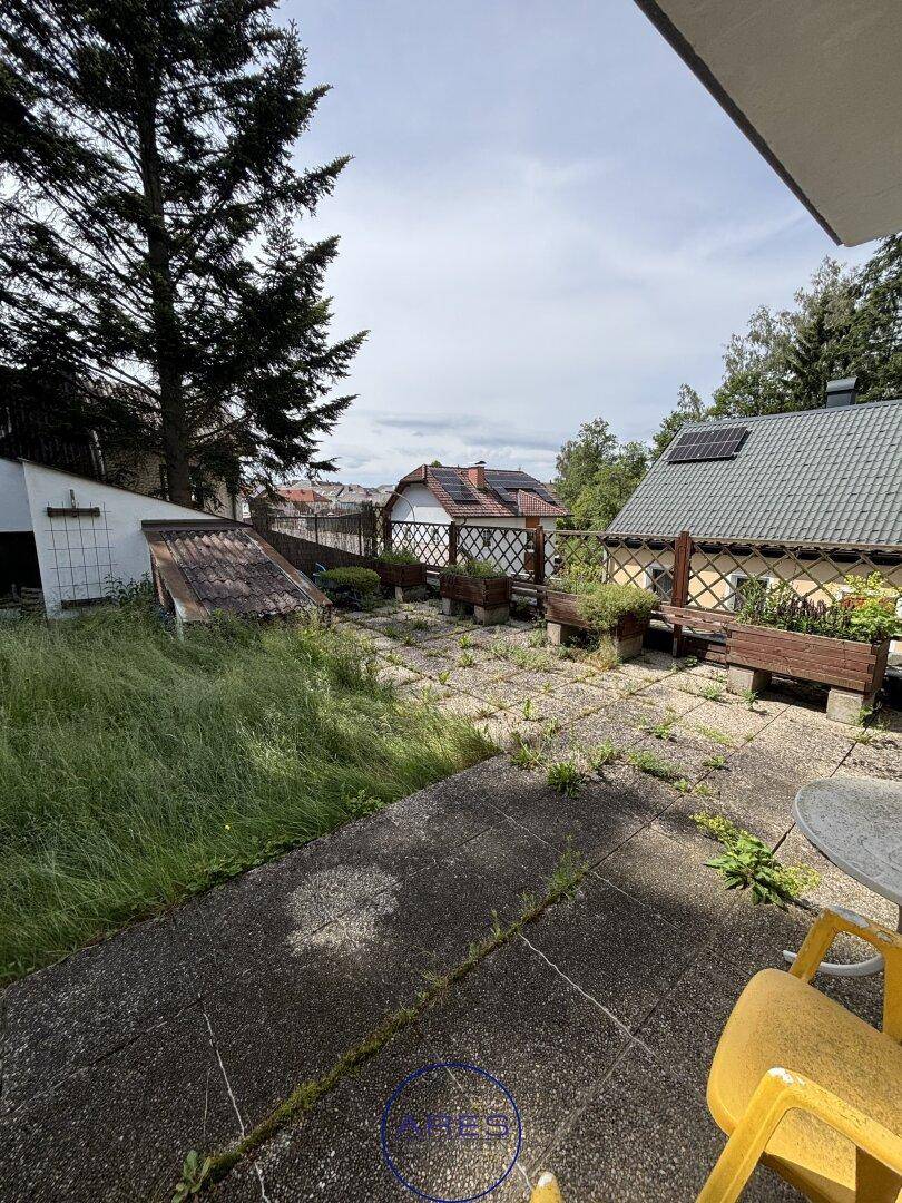 Terrasse mit Betonplatten und einem ungepflegten Gartenbereich mit Gras und Pflanzen.