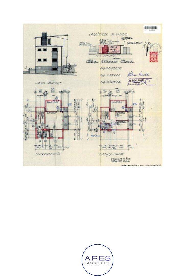 Historischer Bauplan mit Nordansicht und Grundrissen für Ober- und Dachgeschoss.