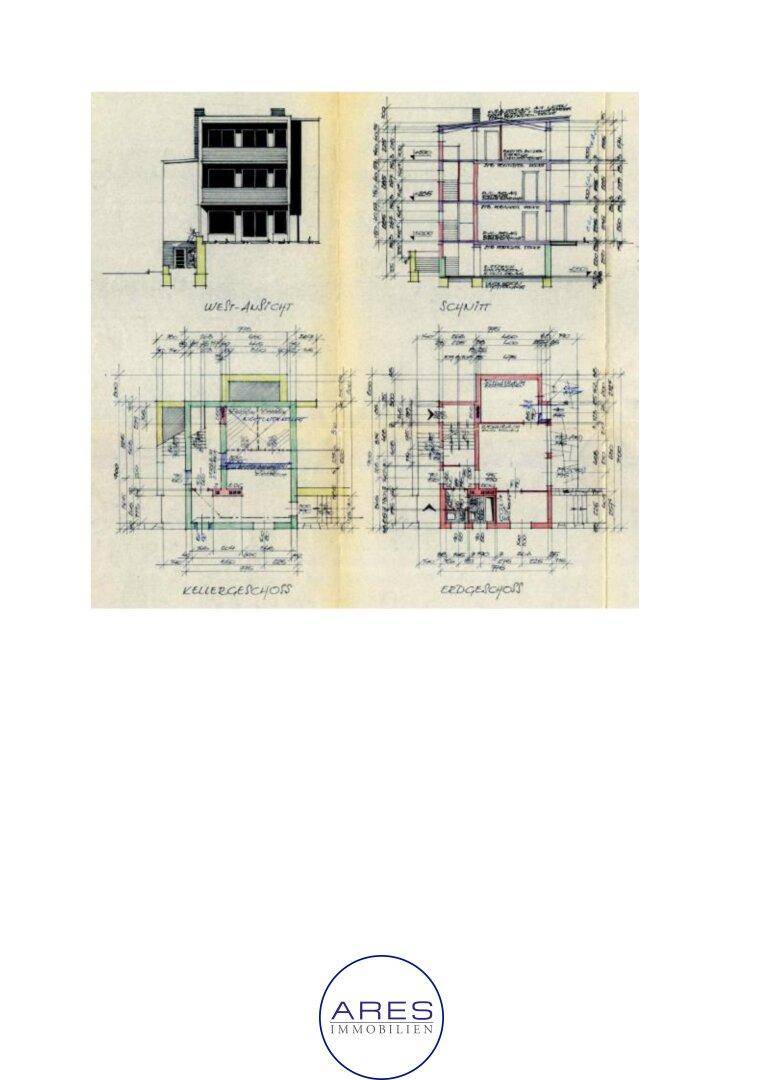 Alter Bauplan mit Westansicht, Gebäudeschnitt und Grundrissen für Keller- und Erdgeschoss.