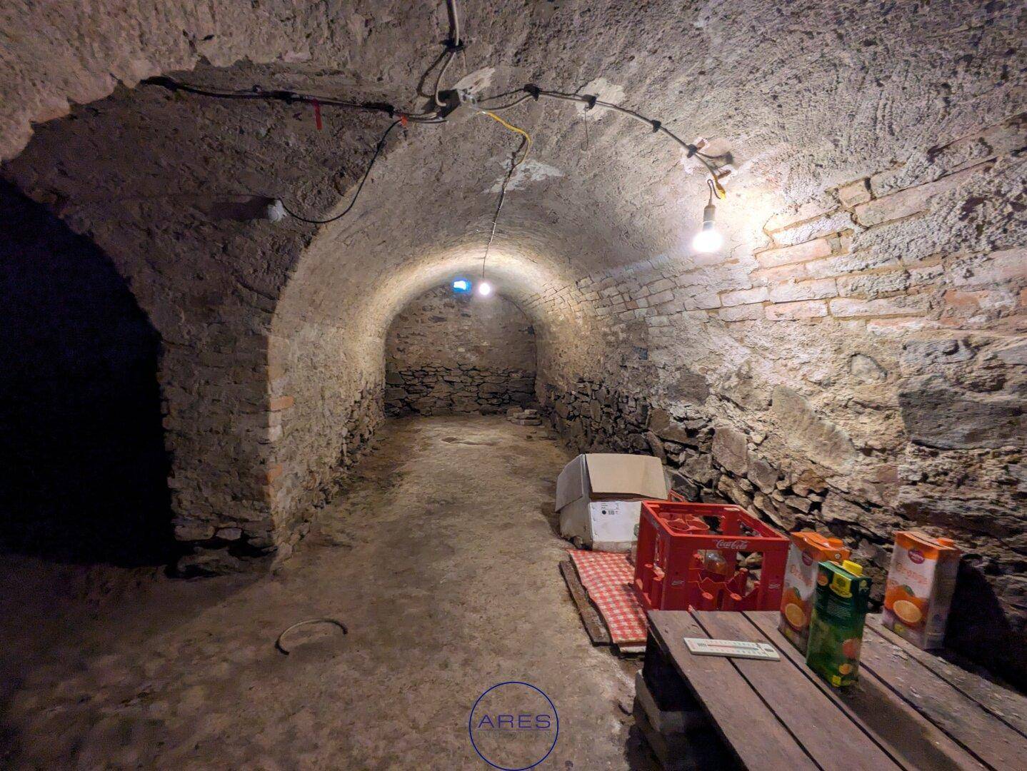 Gewölbekeller mit Ziegelwänden und Betonboden, genutzt als Lagerraum.