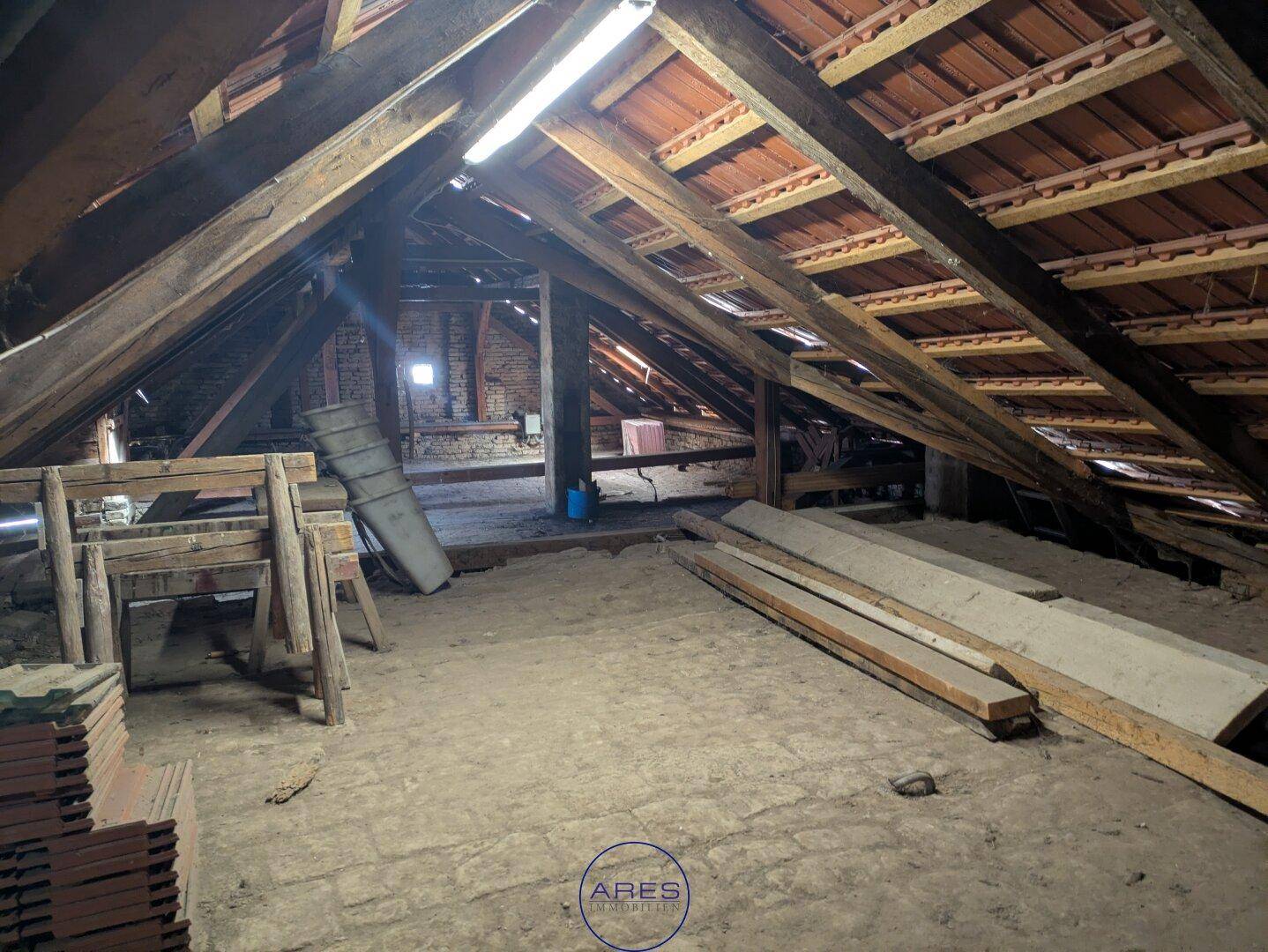 Unausgebauter Dachboden mit sichtbarer Holzkonstruktion und Dachziegeln.