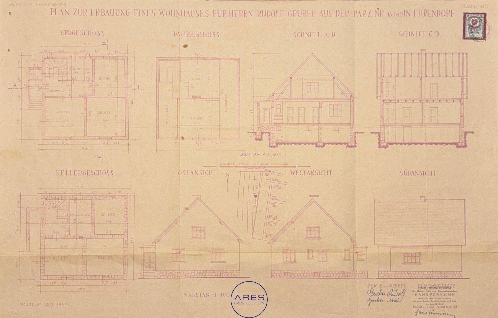 Historischer Bauplan eines Wohnhauses mit Grundrissen und Ansichten der verschiedenen Geschosse.