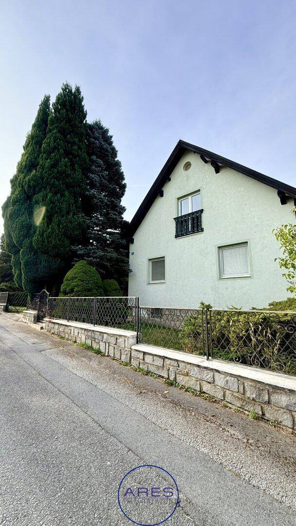 Schräge Ansicht des Hauses von der Straße mit Fassade, Zaun und hohem Nadelbaum im Vordergrund.