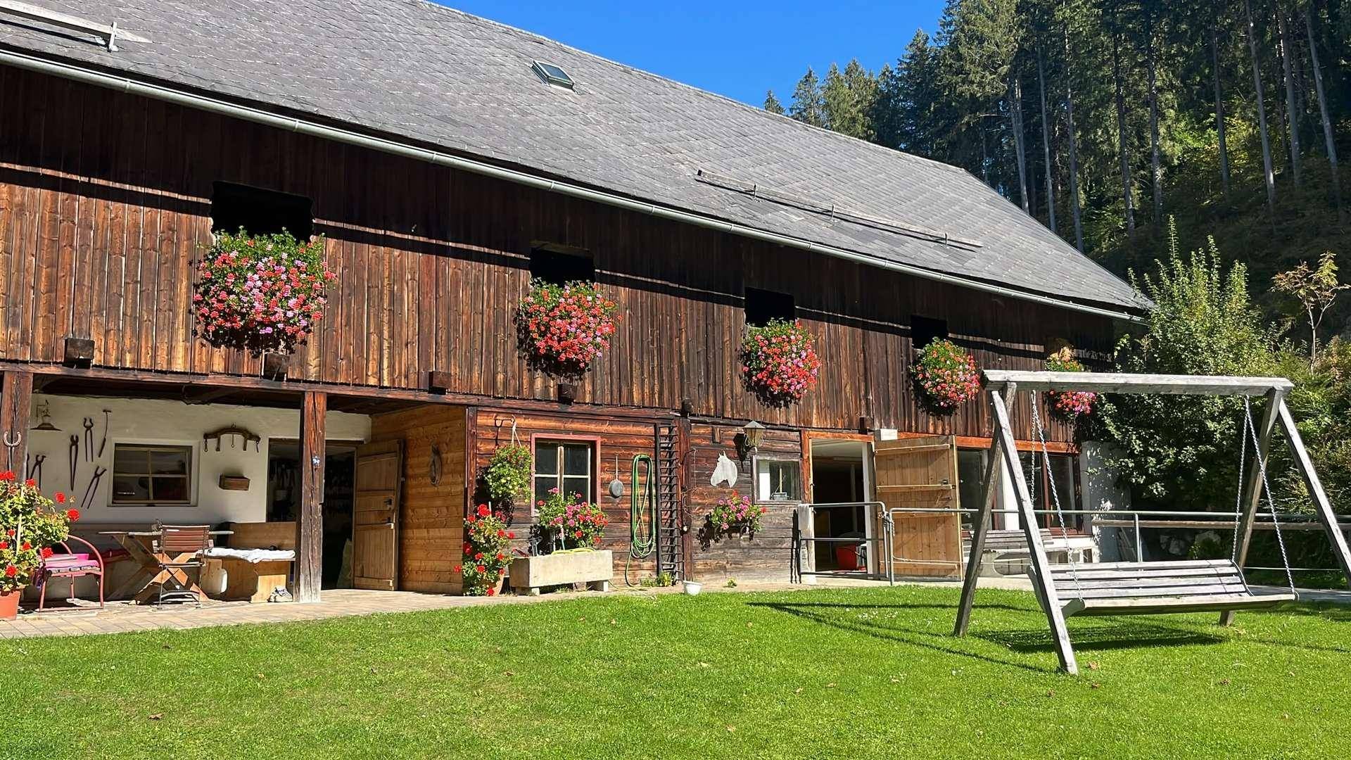 Traditionelles Holzhaus mit Blumenkästen an den Fenstern und einer Schaukel im grünen Gartenbereich.