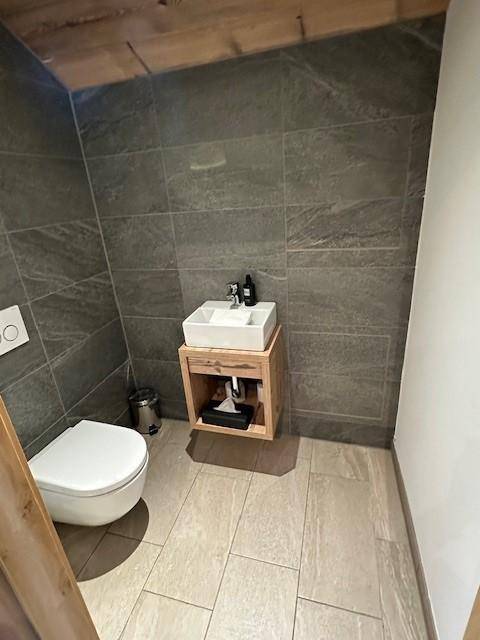Modernes Gäste-WC mit Wand-WC, Einzelwaschbecken und grauen Fliesen.