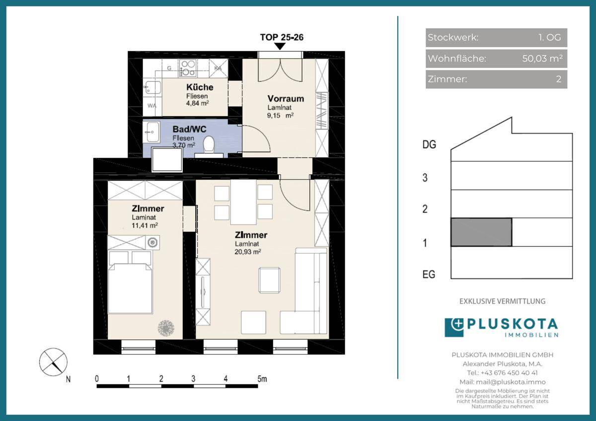 Grundriss der Wohnung mit zwei Zimmern, Küche und Bad auf 50,03 m² Wohnfläche.