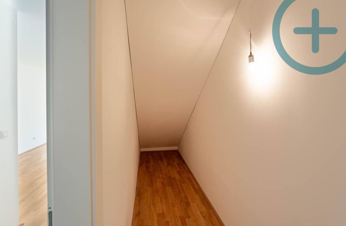 Praktischer Abstellraum unter der Treppe mit Holzfußboden und einfacher Beleuchtung.