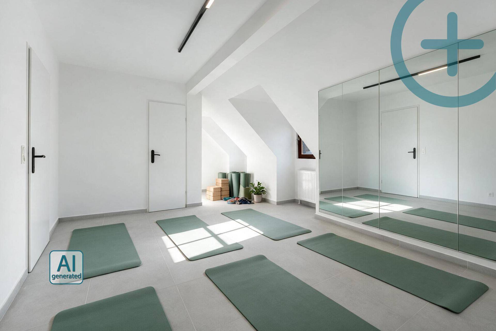 Ruhiger Yoga-Raum mit Matten, großer Spiegelwand und natürlichem Lichteinfall für Entspannung.