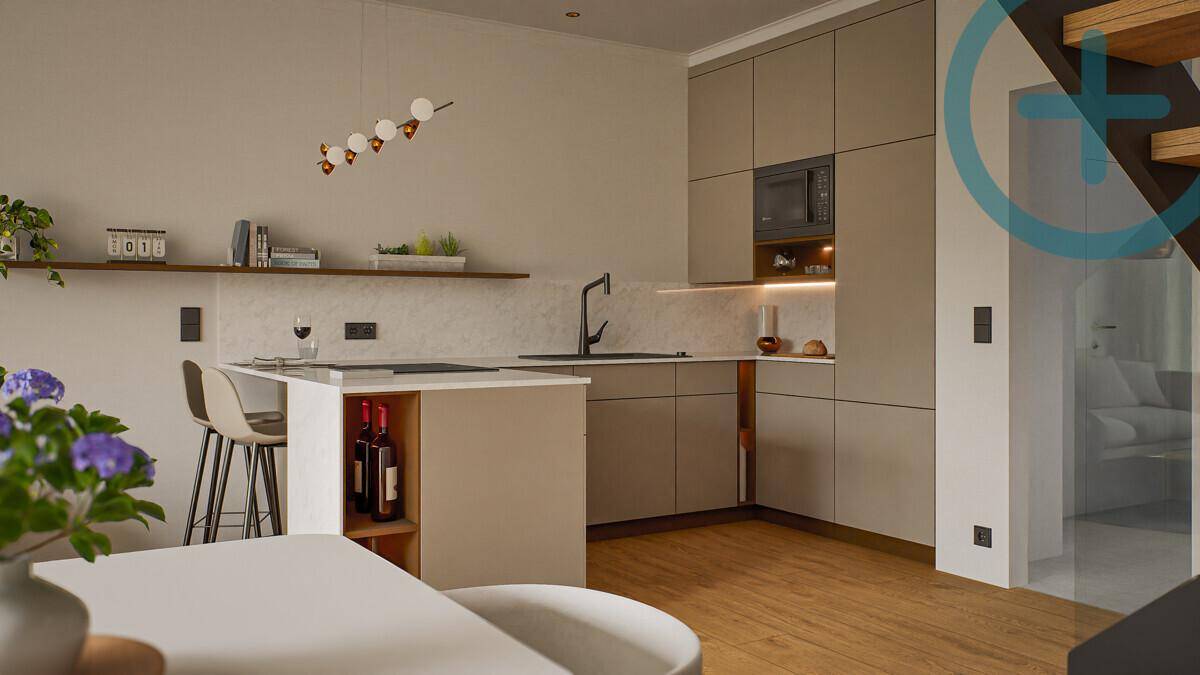 Moderne Einbauküche mit Kücheninsel, integrierten Geräten und viel Arbeitsfläche.