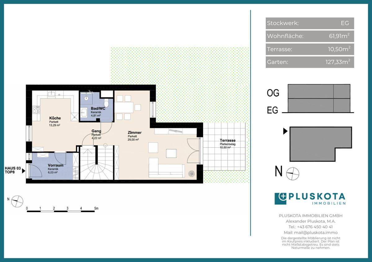 Grundriss des Erdgeschosses mit Küche, Bad, Zimmer und direktem Zugang zur Terrasse.