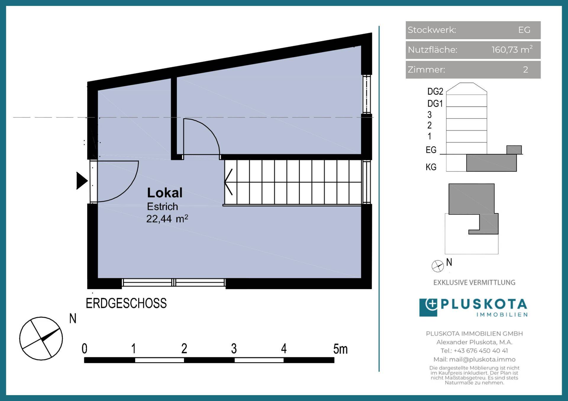 Grundriss des Erdgeschosses mit einem Raum von 22,44 m² und Treppenhaus.