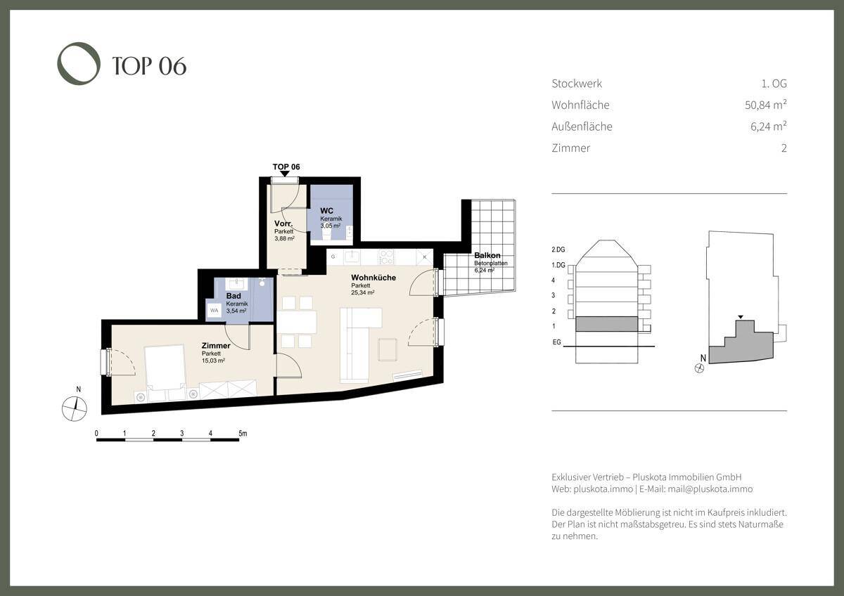 Grundriss der Wohnung Top 06 mit Wohnküche, Schlafzimmer, Bad und Balkon.