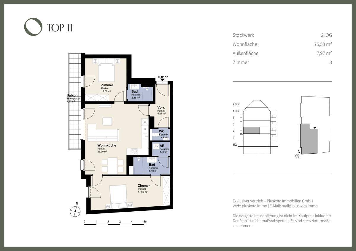 Grundriss der Wohnung TOP 11 mit drei Zimmern, Balkon und zwei Bädern.
