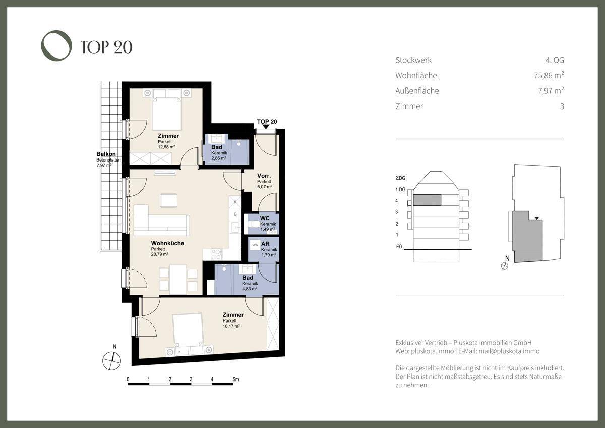 Detaillierter Grundriss der Wohnung TOP 20 mit zwei Schlafzimmern, Wohnküche und Balkon.