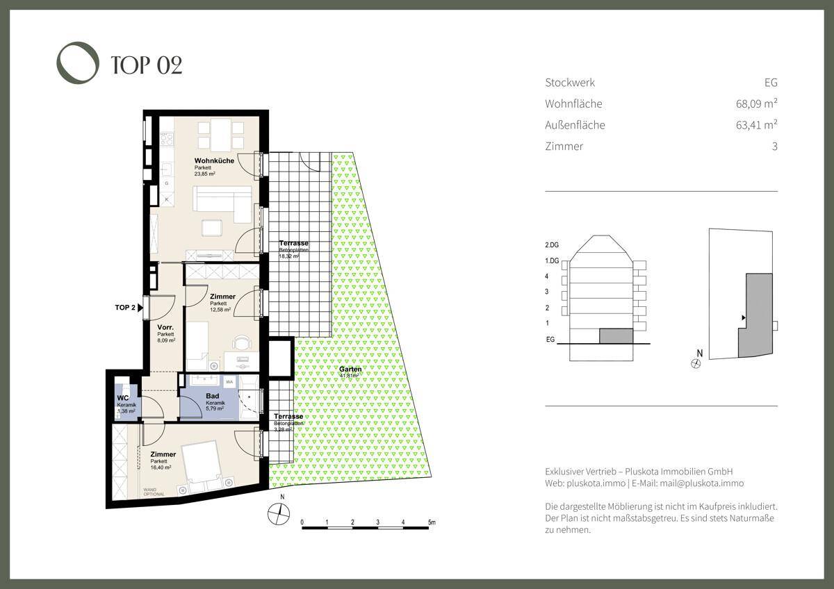 Grundriss einer Wohnung im Erdgeschoss mit Terrasse, Garten und drei Zimmern.