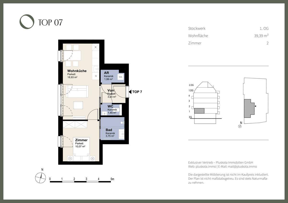 Grundriss der Wohnung TOP 07 im ersten Obergeschoss mit zwei Zimmern und 39,39 m² Wohnfläche.